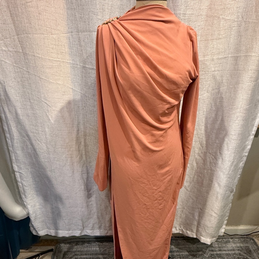 Chic Coral Draped Long Sleeve Dress